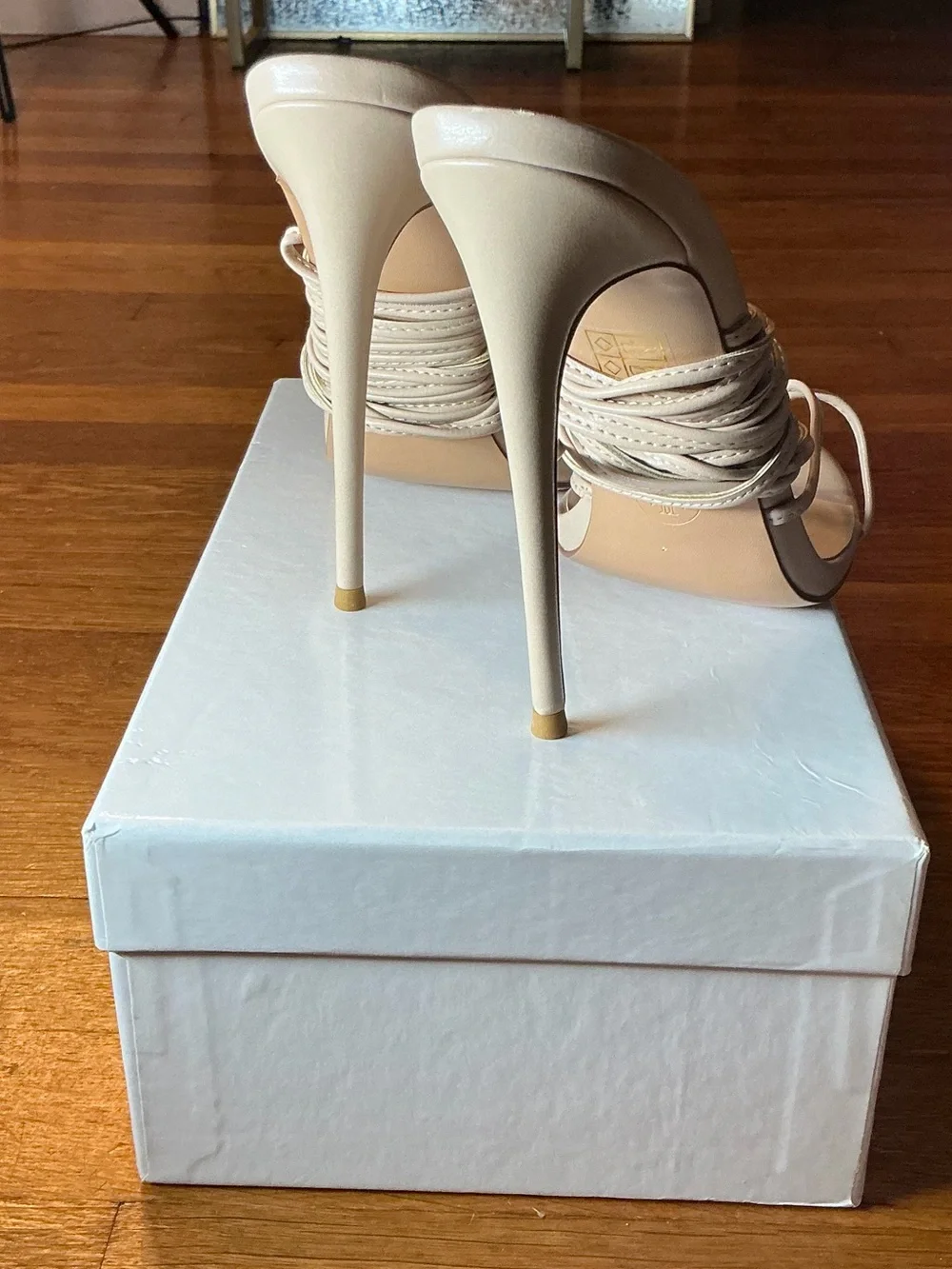 FEMME LA Nude Wrap-Strap Stiletto Sandals